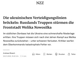 Українські війська втрачають контроль над Великою Новосілкою – «Neue Zürcher Zeitung»